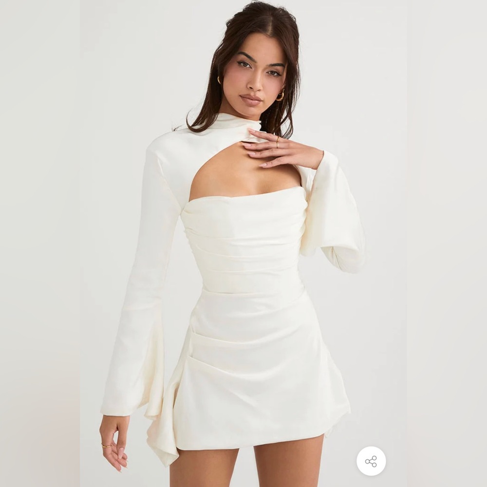 Rosedress Silky Satin High Neck Long Sleeve Cutout Party Mini Dress - White